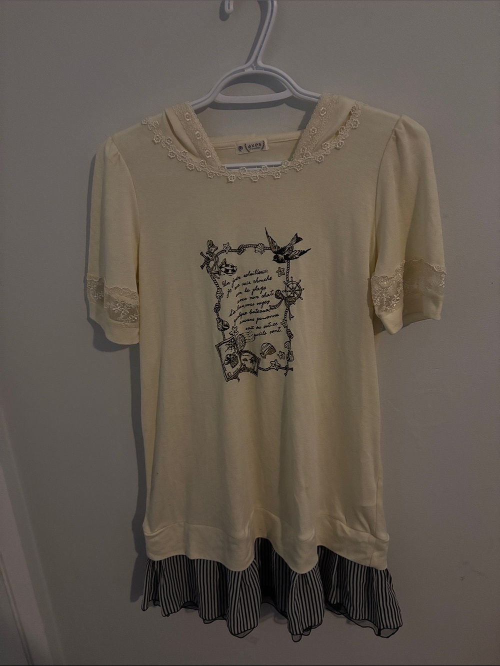 Axes Femme Japanese Fashion Cream Short Sleeve Lace-Trim Graphic Tunic dress